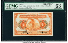 China International Banking Corporation, Shanghai 1 Dollar 1.7.1919 Pick S423s S/M#M10-50a Specimen PMG Choice Uncirculated 63. An appealing initial d...