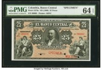 Colombia Banco Central 25 Pesos ND (1900) Pick S370s Specimen PMG Choice Uncirculated 64 EPQ. An interesting and rare design, especially so as a compl...