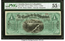 Colombia Banco de la Republica 1 Peso = 1 Dollar ND (ca. 1880s) Pick S807r Remainder PMG About Uncirculated 55 EPQ. This unissued Remainder has a seri...