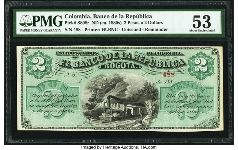 Colombia Banco de la Republica 2 Pesos = 2 Dollars ND (ca. 1880s) Pick S808r Rem...