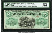 Colombia Banco de la Republica 2 Pesos = 2 Dollars ND (ca. 1880s) Pick S808r Remainder PMG About Uncirculated 53. A scarce Remainder printed by The Ho...