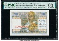 Comoros Banque de Madagascar et des Comores 500 Francs ND (1963) Pick 4b PMG Choice Uncirculated 63. A rarely seen type in any grade, this note is esp...