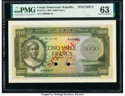 Congo Democratic Republic Conseil Monetaire de la Republique du Congo 5000 Francs 1.12.1963 Pick 3s Specimen PMG Choice Uncirculated 63. A very attrac...