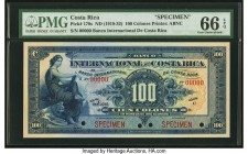 Costa Rica Banco Internacional de Costa Rica 100 Colones ND (1919-32) Pick 178s Specimen PMG Gem Uncirculated 66 EPQ. A beautifully inked and executed...