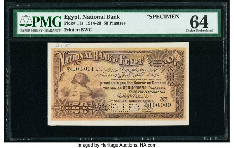 Egypt National Bank of Egypt 50 Piastres 25.2.1915 Pick 11s Specimen PMG Choice ...