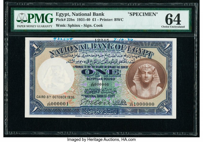 Egypt National Bank of Egypt 1 Pound 8.10.1936 Pick 22bs Specimen PMG Choice Unc...