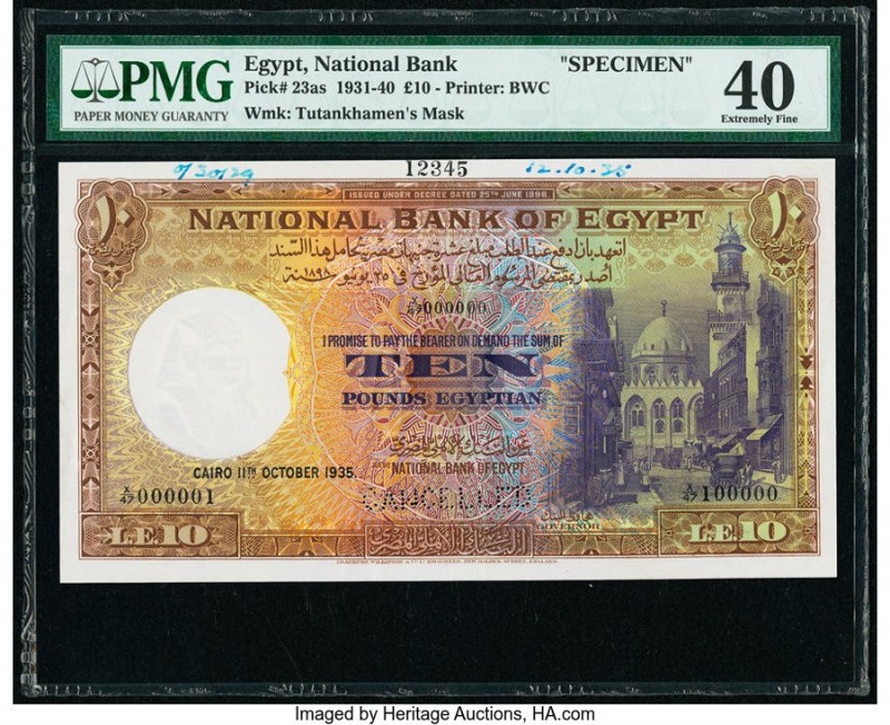 Egypt National Bank of Egypt 10 Pounds 11.10.1935 Pick 23as Specimen PMG Extreme...