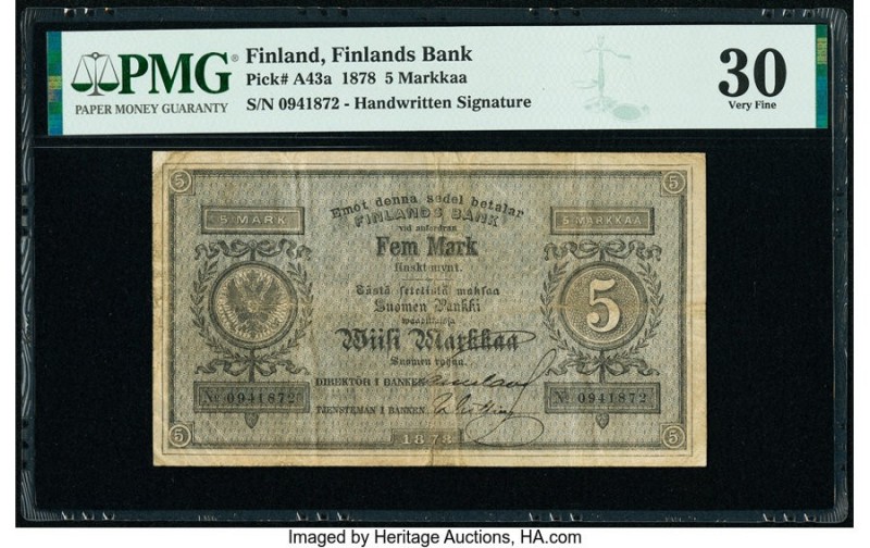 Finland Finlands Bank 5 Markkaa 1878 Pick A43a PMG Very Fine 30. This example is...