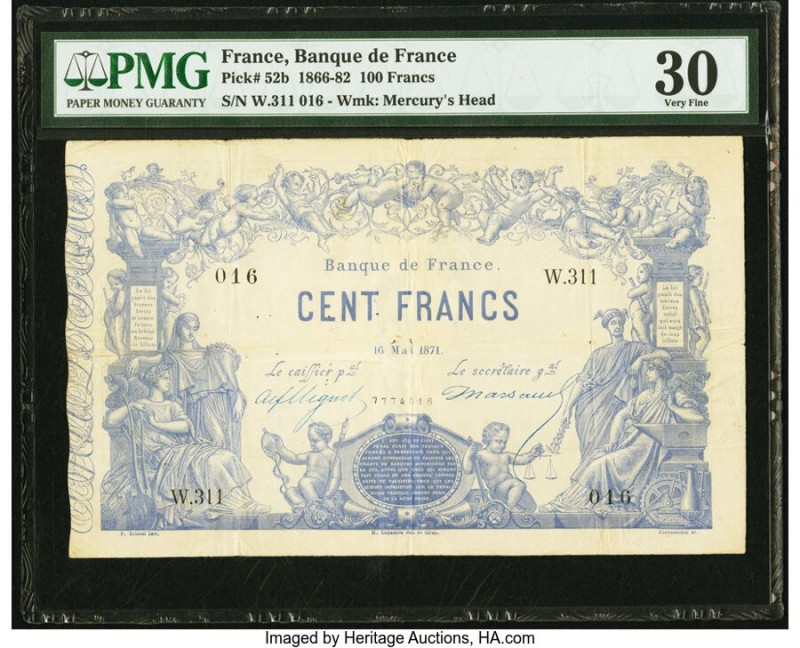 France Banque de France 100 Francs 16.5.1871 Pick 52b PMG Very Fine 30. This han...