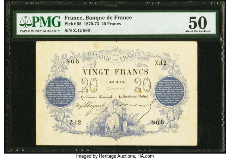 France Banque de France 20 Francs 5.1.1871 Pick 55 PMG About Uncirculated 50. Fr...