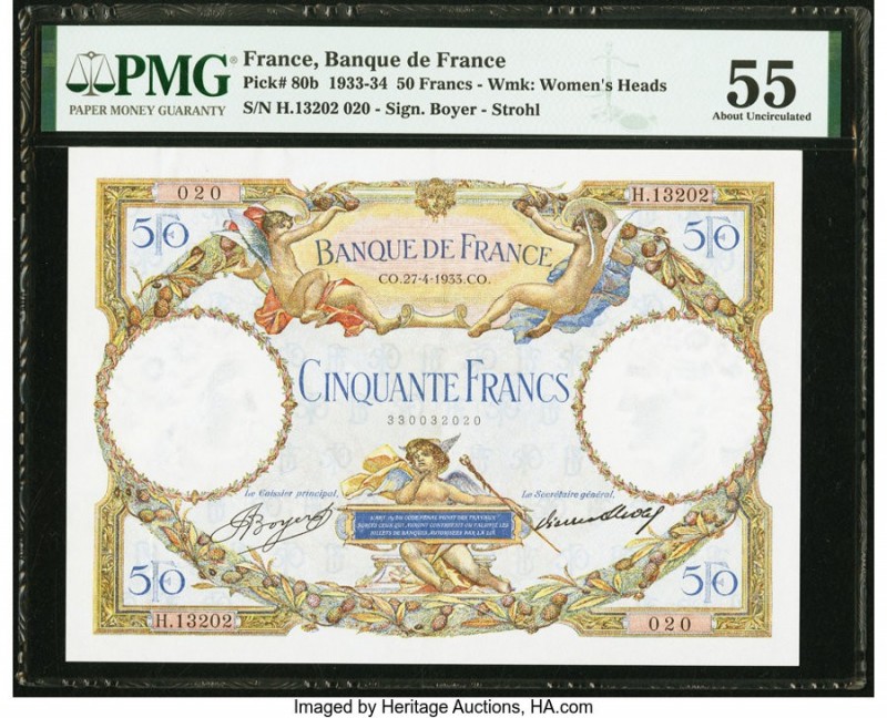 France Banque de France 50 Francs 27.4.1933 Pick 80b PMG About Uncirculated 55. ...