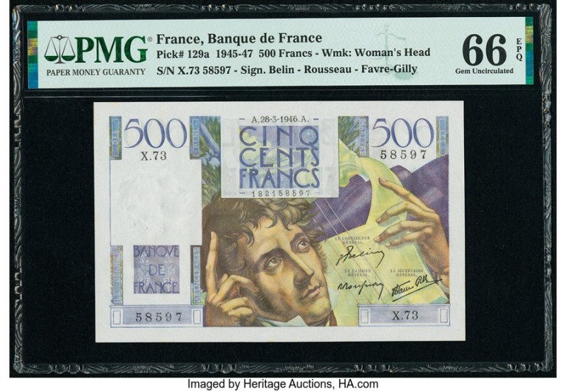 France Banque de France 500 Francs 28.3.1946 Pick 129a PMG Gem Uncirculated 66 E...