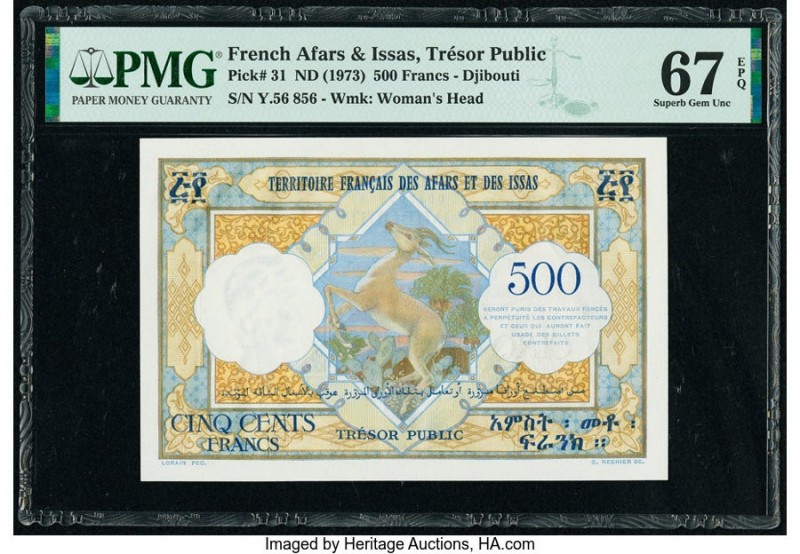 French Afars & Issas Tresor Public 500 Francs ND (1973) Pick 31 PMG Superb Gem U...