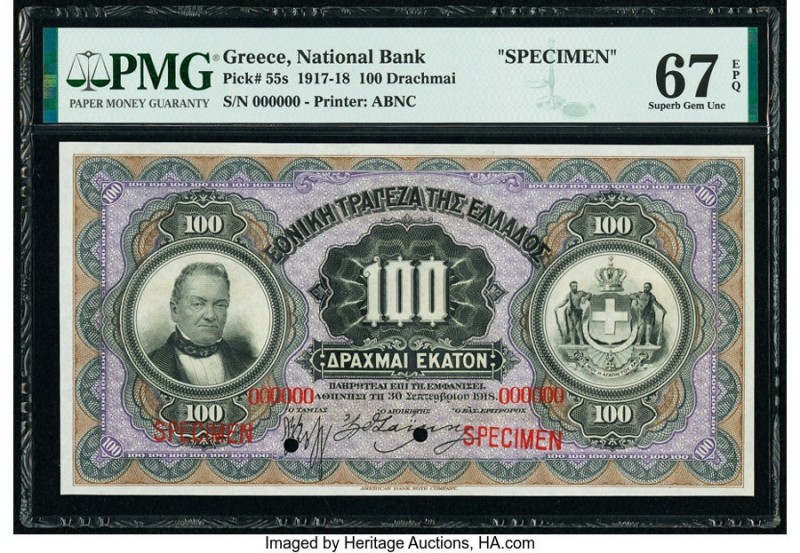 Greece National Bank of Greece 100 Drachmai 1918 Pick 55s Specimen PMG Superb Ge...