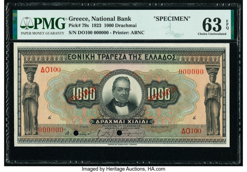 Greece National Bank of Greece 1000 Drachmai 1923 Pick 79s Specimen PMG Choice U...