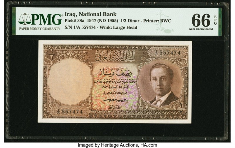 Iraq National Bank of Iraq 1/2 Dinar 1947 (ND 1955) Pick 38a PMG Gem Uncirculate...