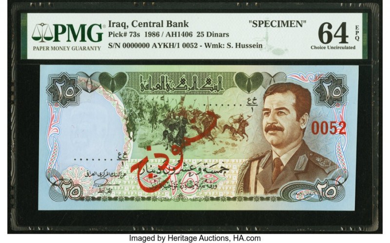 Iraq Central Bank of Iraq 25 Dinars 1986 / AH1406 Pick 73s Specimen PMG Choice U...