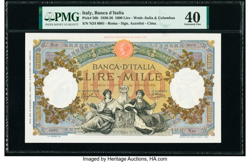 Italy Banco d'Italia 1000 Lire 12.12.1934 Pick 56b PMG Extremely Fine 40. This l...