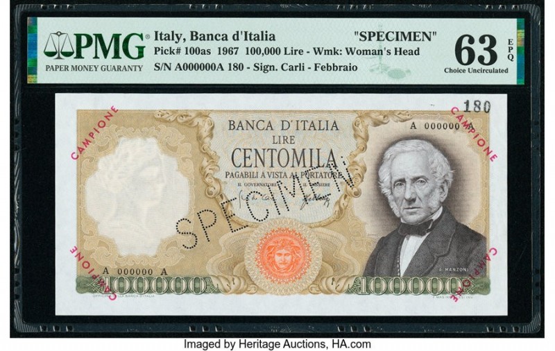 Italy Banco d'Italia 100,000 Lire 3.7.1967 Pick 100as Specimen PMG Choice Uncirc...