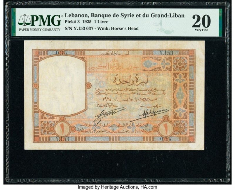 Lebanon Banque de Syrie et du Grand-Liban 1 Livre 1925 Pick 3 PMG Very Fine 20. ...