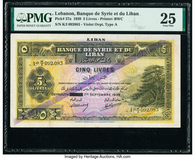 Lebanon Banque de Syrie et du Liban 5 Livres 1.9.1939 Pick 27a PMG Very Fine 25....