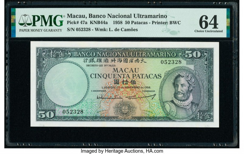 Macau Banco Nacional Ultramarino 50 Patacas 20.11.1958 Pick 47a KNB44a PMG Choic...