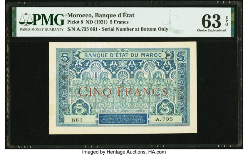 Morocco Banque d'Etat du Maroc 5 Francs ND (1921) Pick 8 PMG Choice Uncirculated...