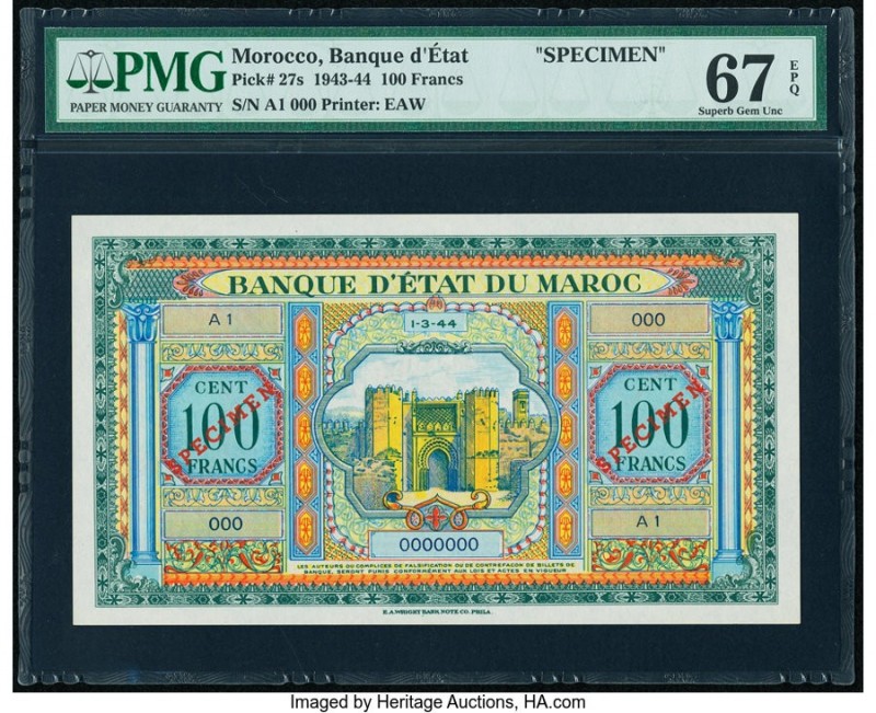 Morocco Banque d'Etat du Maroc 100 Francs 1.3.1944 Pick 27s Specimen PMG Superb ...