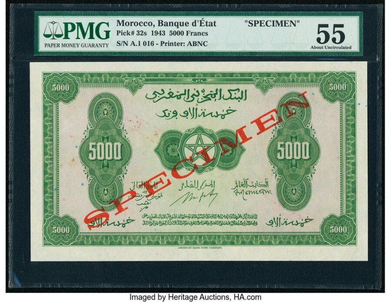 Morocco Banque d'Etat du Maroc 5000 Francs 1.8.1943 Pick 32s Specimen PMG About ...