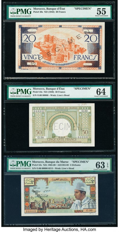 Morocco Group of Three PMG Graded Examples. Banque d'Etat du Maroc 20 Francs ND ...