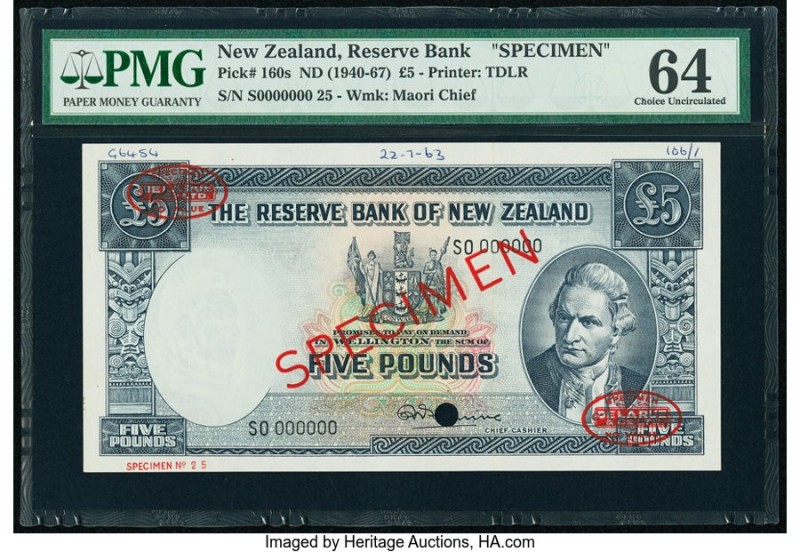 New Zealand Reserve Bank of New Zealand 5 Pounds ND (1940-67) Pick 160s Specimen...