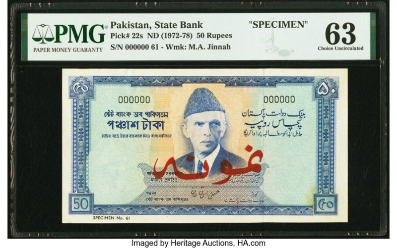 Pakistan State Bank of Pakistan 50 Rupees ND (1972-78) Pick 22s Specimen PMG Cho...