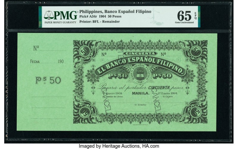 Philippines Banco Espanol Filipino 50 Pesos 1.1.1904 Pick A34r Remainder PMG Gem...