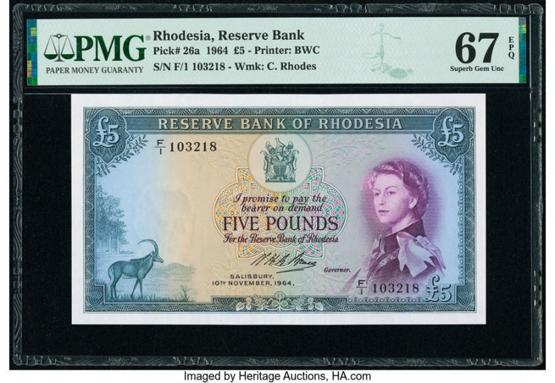 Rhodesia Reserve Bank of Rhodesia 5 Pounds 10.11.1964 Pick 26a PMG Superb Gem Un...