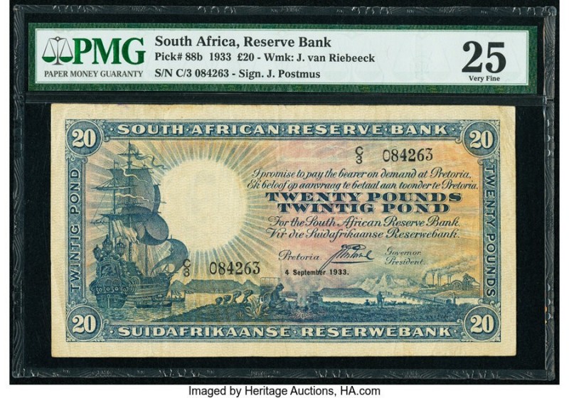 South Africa South African Reserve Bank 20 Pounds 4.9.1933 Pick 88b PMG Very Fin...