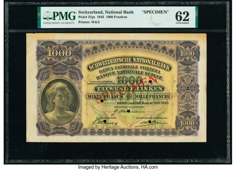 Switzerland National Bank 1000 Franken 11.11.1943 Pick 37gs Specimen PMG Uncircu...