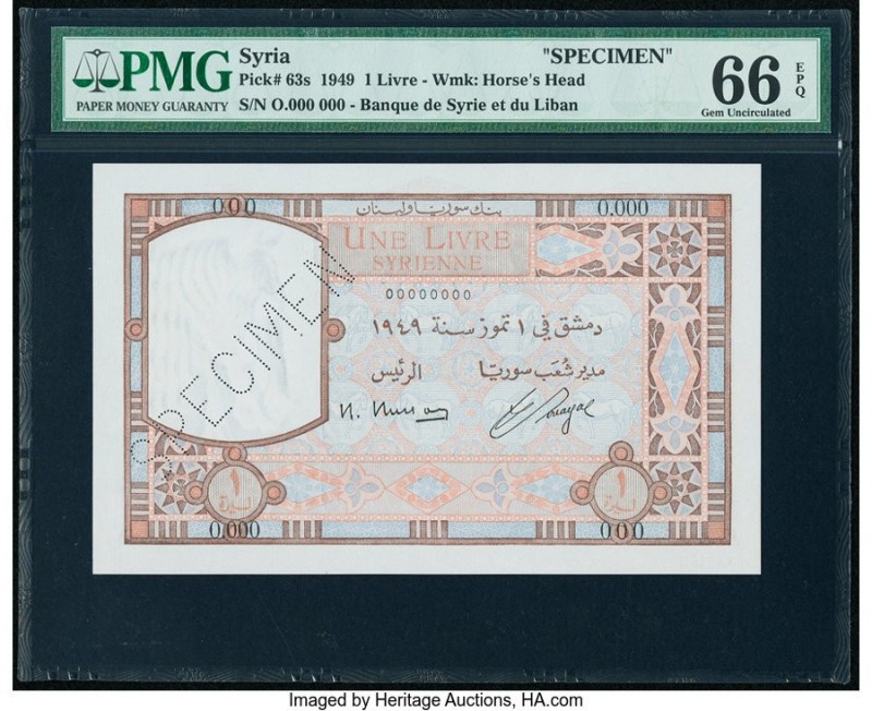 Syria Banque de Syrie et du Liban 1 Livre 1949 Pick 63s Specimen PMG Gem Uncircu...