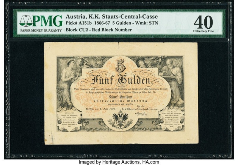 Austria K.K Staats-Central-Cassa 5 Gulden 7.7.1866 Pick A151b PMG Extremely Fine...