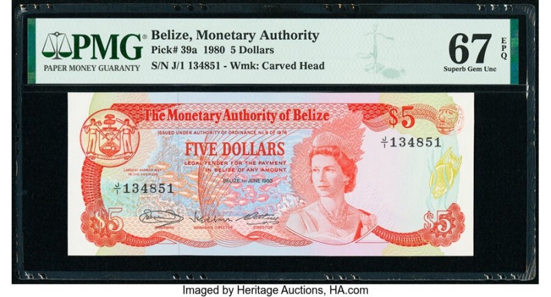 Belize Monetary Authority 5 Dollars 1.6.1980 Pick 39a PMG Superb Gem Unc 67 EPQ....