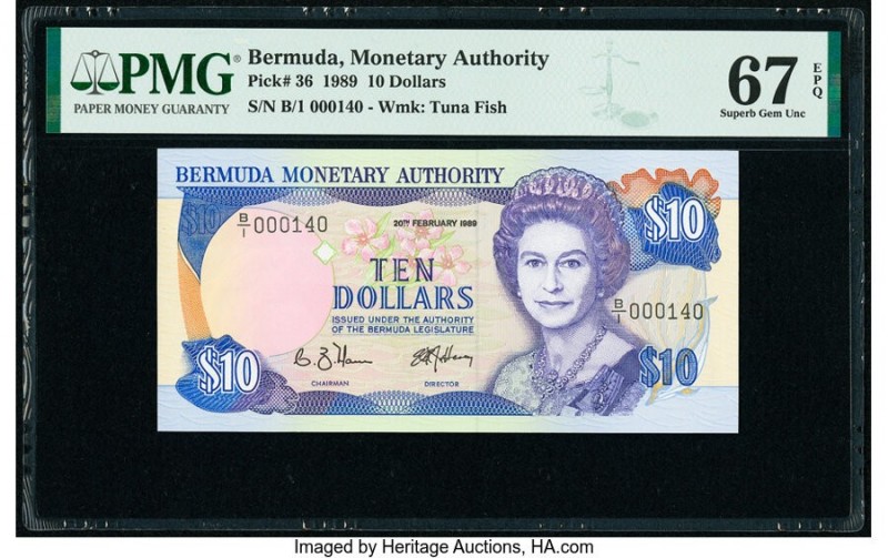 Bermuda Monetary Authority 10 Dollars 1989 Pick 36 PMG Superb Gem Unc 67 EPQ. Se...