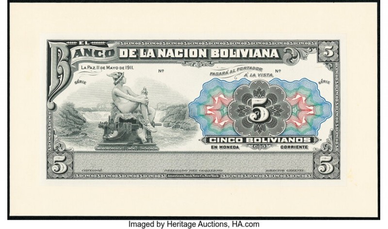Bolivia Banco de la Nacion Boliviana 5 Bolivianos 11.5.1911 Pick 105p Proof Cris...