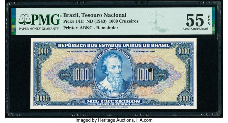 Brazil Tesouro Nacional 1000 Cruzeiros ND (1943) Pick 141r Remainder PMG About U...