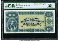 Brazil Banco da Republica dos Estados Unidos 100 Mil Reis ND Pick UNL Printer's Design PMG About Uncirculated 55. Two POCs; red Specimen overprint

HI...