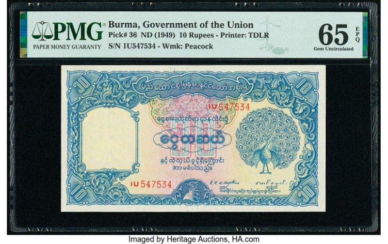 Burma Government of Burma 10 Rupees ND (1949) Pick 36 PMG Gem Uncirculated 65 EP...