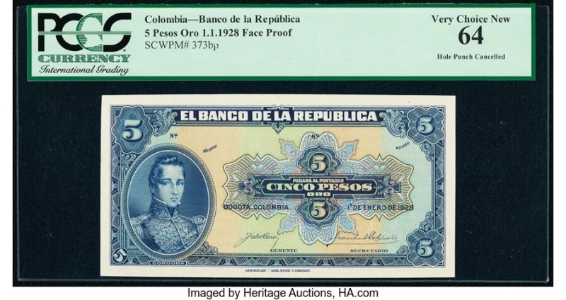 Colombia Banco de la Republica 5 Pesos Oro 1.1.1928 Pick 373fp Front Proof PCGS ...