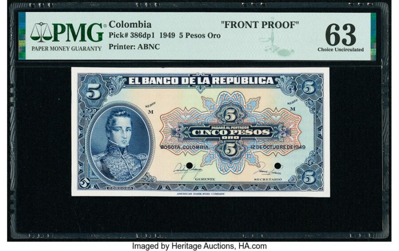 Colombia Banco de la Republica 5 Pesos Oro 12.10.1949 Pick 386dp1 Front Proof PM...