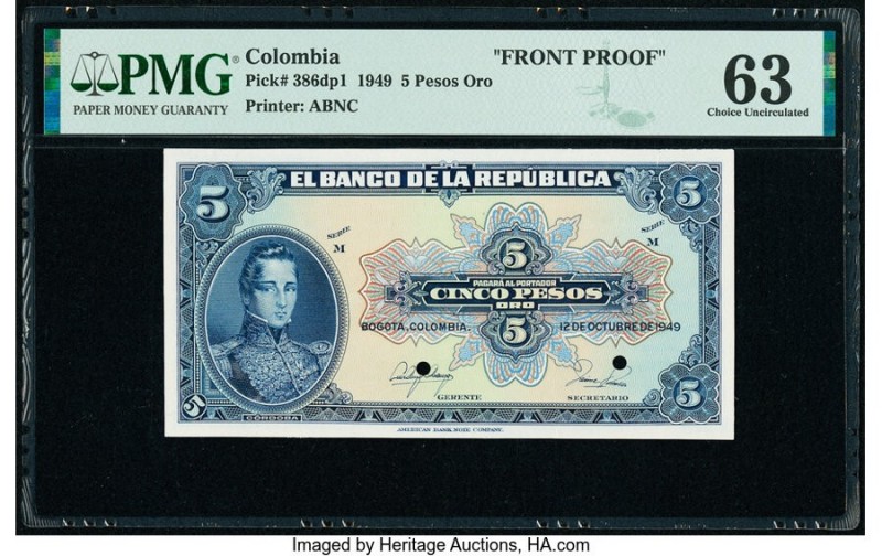 Colombia Banco de la Republica 5 Pesos Oro ND; 12.10.1949 Pick 386dp1 Front Proo...