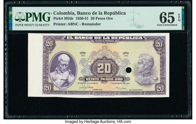 Colombia Banco de la Republica 20 Pesos Oro 1.1.1951 Pick 392dr Remainder PMG Ge...