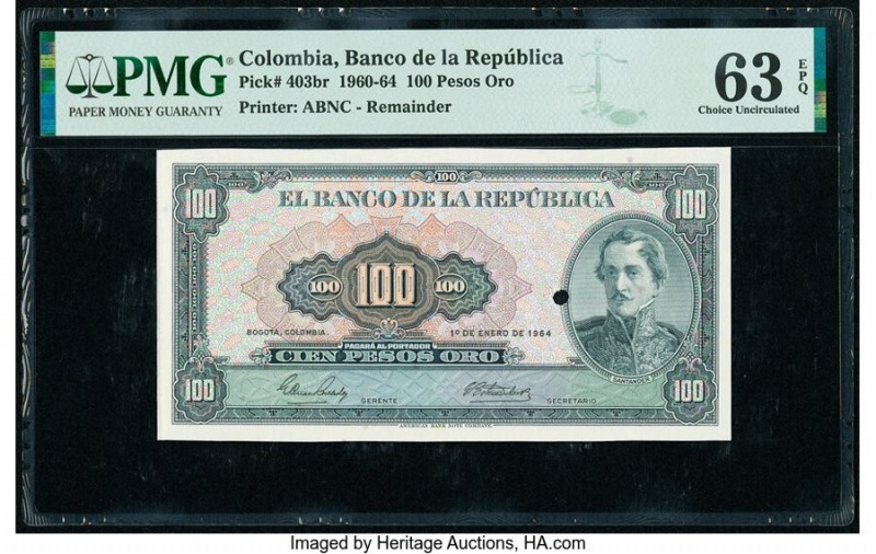 Colombia Banco de la Republica 100 Pesos Oro 1.1.1964 Pick 403br Remainder PMG C...