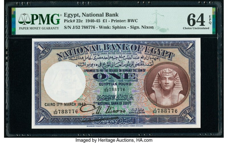 Egypt National Bank of Egypt 1 Pound 17.3.1942 Pick 22c PMG Choice Uncirculated ...